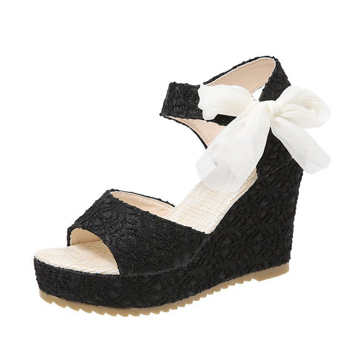 Women nan romantic wedge sandal with lace look and organza bow Mune Fashion