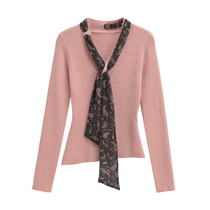 Women's fine knit pullover with threaded paisley scarf Mune Fashion