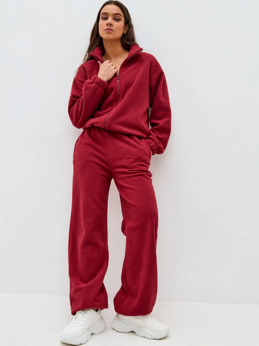 Women's ultra-soft microfleece set with short stand-up collar zip jacket and wide high-waist lounge pants Mune Fashion