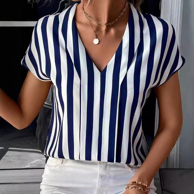Women's striped blouse top with stand-up collar, V-neck and cap sleeves Mune Fashion