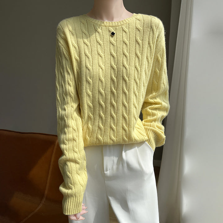 Women's cable knit round neck sweater made of soft wool blend with ribbed cuffs Mune Fashion
