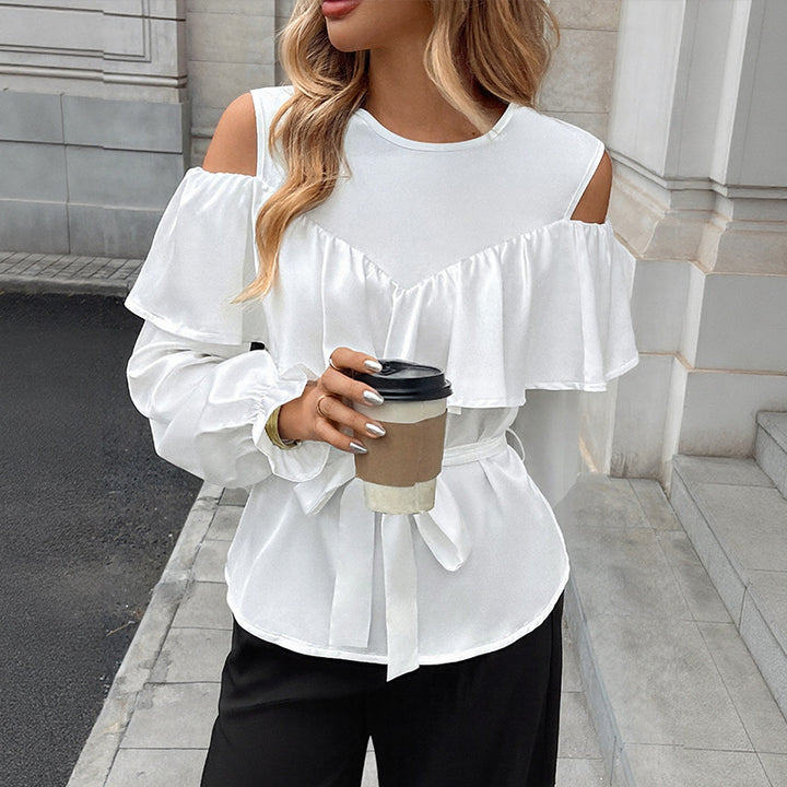 Women Elegant-Ruffle-Blouse with Cut-Out Shoulder and Tie Belt Mune Fashion