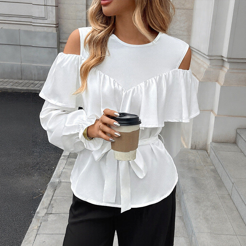 Women Elegant-Ruffle-Blouse with Cut-Out Shoulder and Tie Belt Mune Fashion