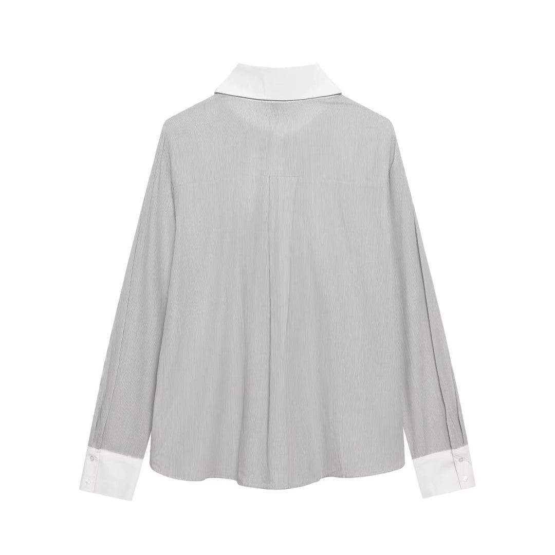 Ladies Striped Blouse with Bow Collar, Ruffle Front and Contrast Cuffs Mune Fashion