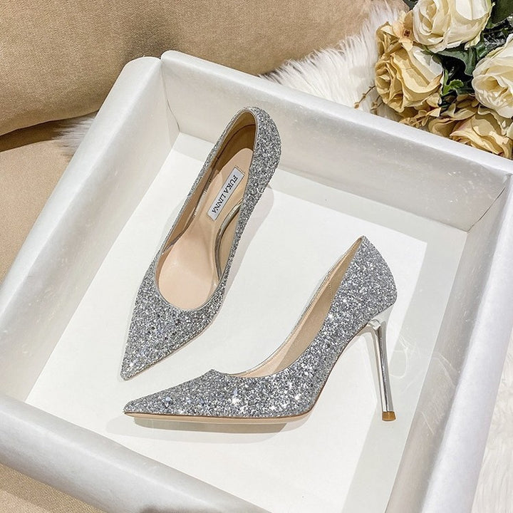 Ladies glitter pumps with pointed toe shape and metallic stiletto heel Mune Fashion