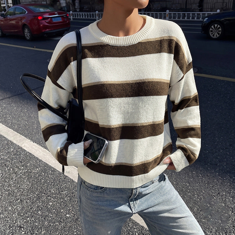 Women's Fashionable Knit Sweater with Stripes Mune Fashion