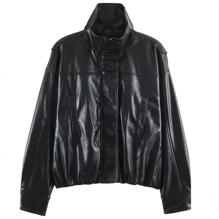 Women Short Blouson made of Artificial Leather with Double-Breasted Button Placket and Shoulder Cape Mune Fashion