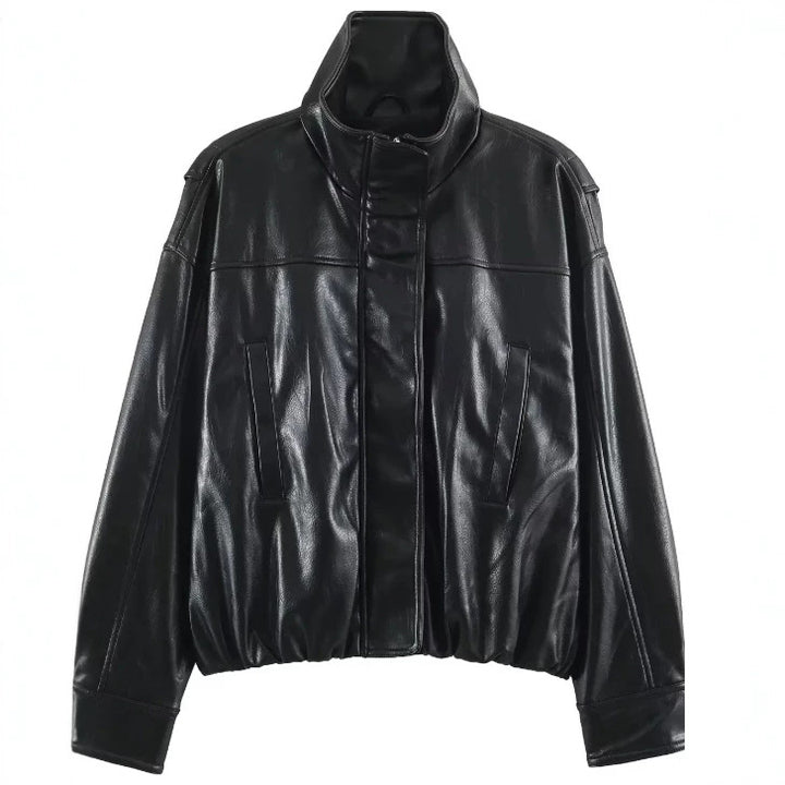 Women Short Blouson made of Artificial Leather with Double-Breasted Button Placket and Shoulder Cape Mune Fashion