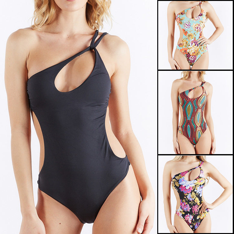 Women's One-Piece Swimsuit with Asymmetric Cut-Out and Floral Design Mune Fashion