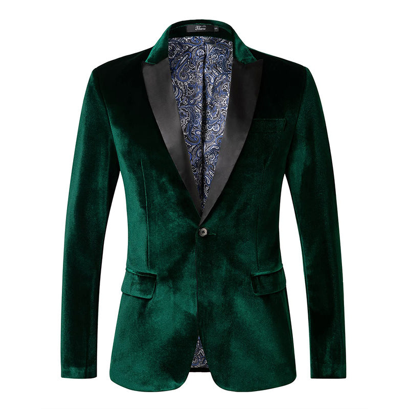 Men's tailored velvet tuxedo jacket with satin lapels and single-button closure Mune Fashion