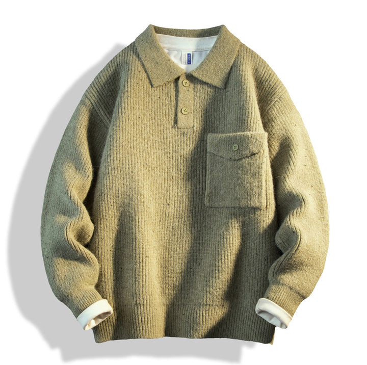 Men's Oversized Knit Polo with Chest Pocket & Ribbed Structure Mune Fashion