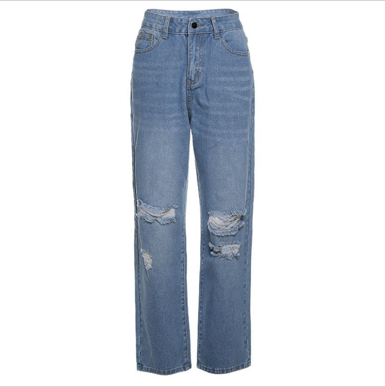 Women's high-cut wide jeans in baggy style with knee fraying and elastic hem Mune Fashion