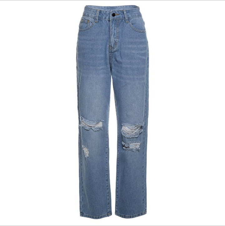 Women's high-cut wide jeans in baggy style with knee fraying and elastic hem Mune Fashion