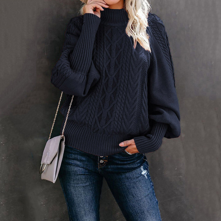 Women's cable knit sweater with turtleneck and balloon sleeves Mune Fashion
