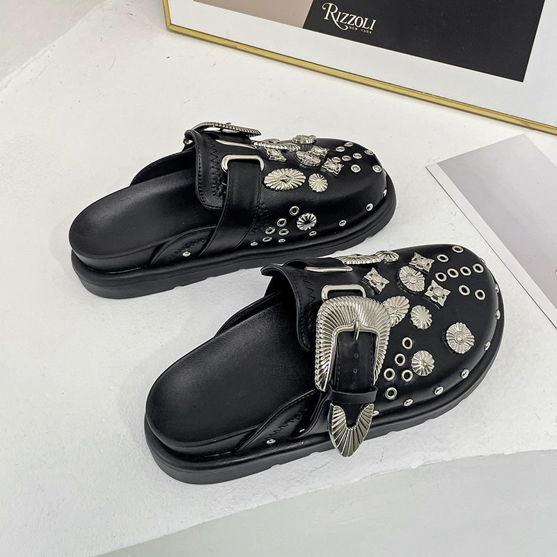 Ladies' embellished slip-on clogs with metallic conchos, large decorative buckle, and ergonomic footbed Mune Fashion