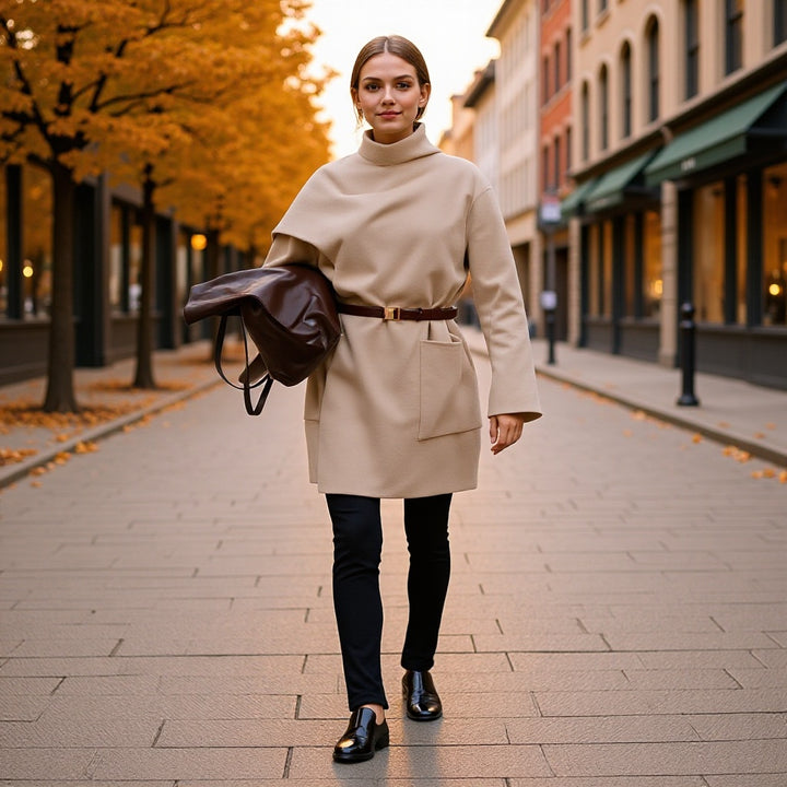 Women's oversized coat with stand-up collar, asymmetrical overlay, and patch pocket Mune Fashion