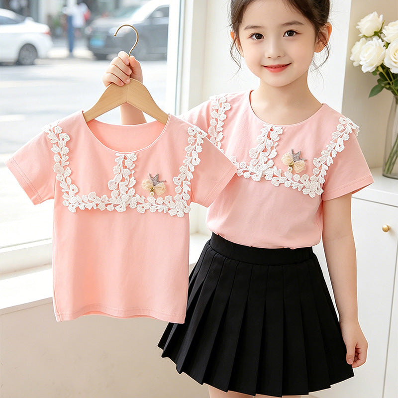 Girls T-Shirt with floral crochet appliqués Mune Fashion