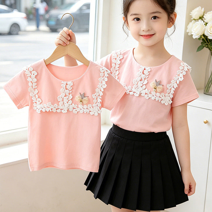 Girls T-Shirt with floral crochet appliqués Mune Fashion