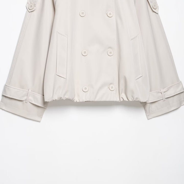 Women Short Cut Cape Trench with High Funnel Collar and Double-Breasted Button Placket Mune Fashion