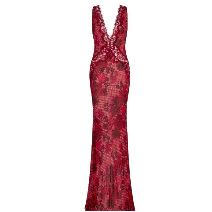 Women's figure-hugging maxi dress in mermaid style with deep V-neckline and floral lace appliqué Mune Fashion