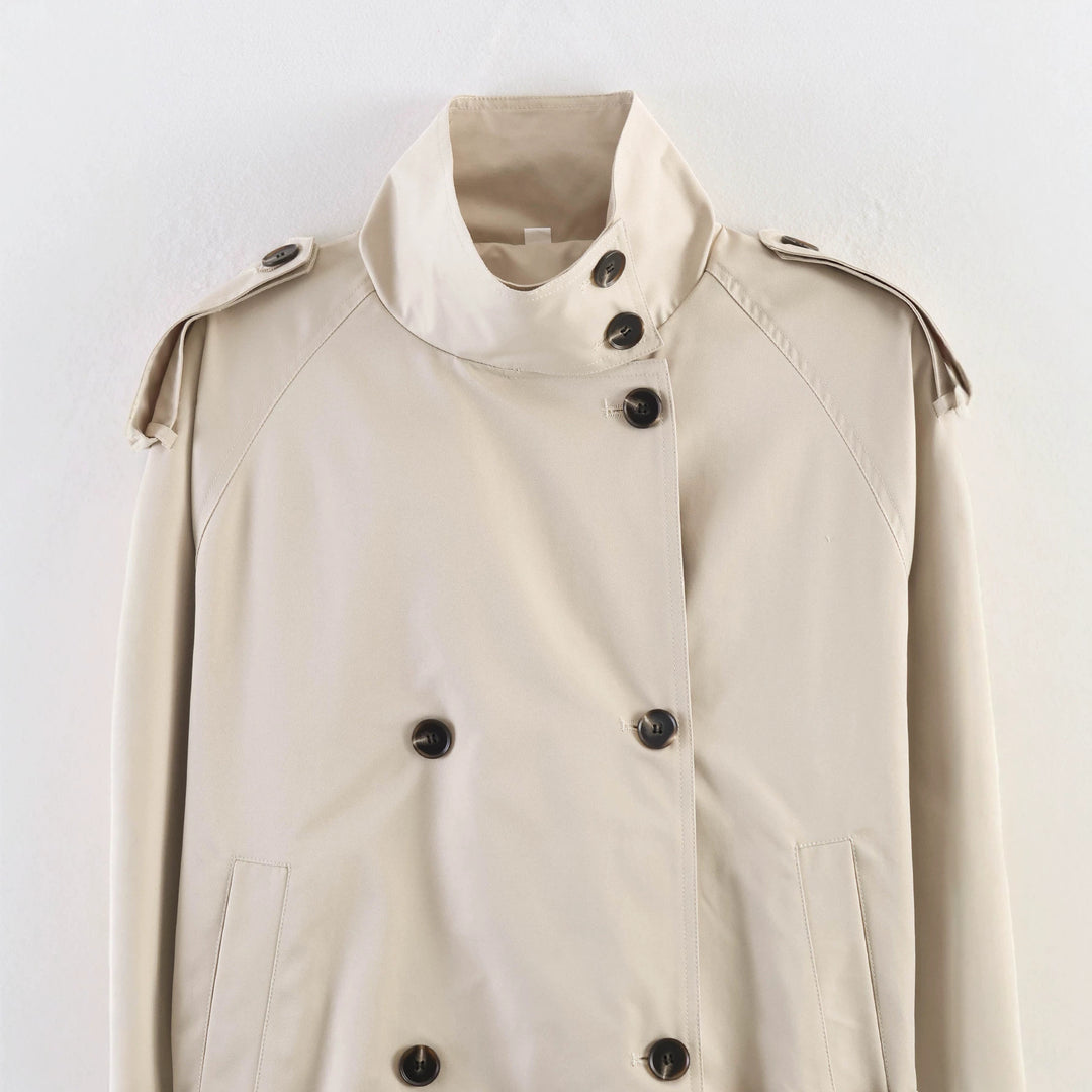 Women's Short Double-Breasted Waist Belt Trench Coat with High Funnel Collar and Shoulder Straps Mune Fashion