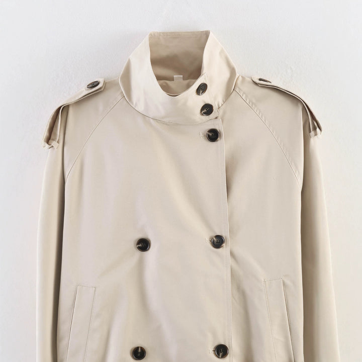 Women's Short Double-Breasted Waist Belt Trench Coat with High Funnel Collar and Shoulder Straps Mune Fashion
