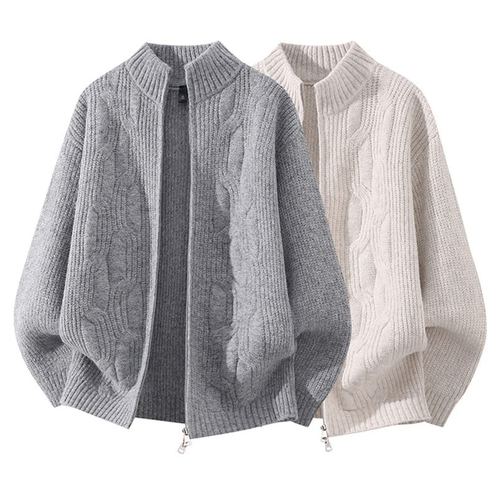 Women Soft Oversized Cable Knit Cardigan with Stand Collar & Two-Way Zipper Mune Fashion