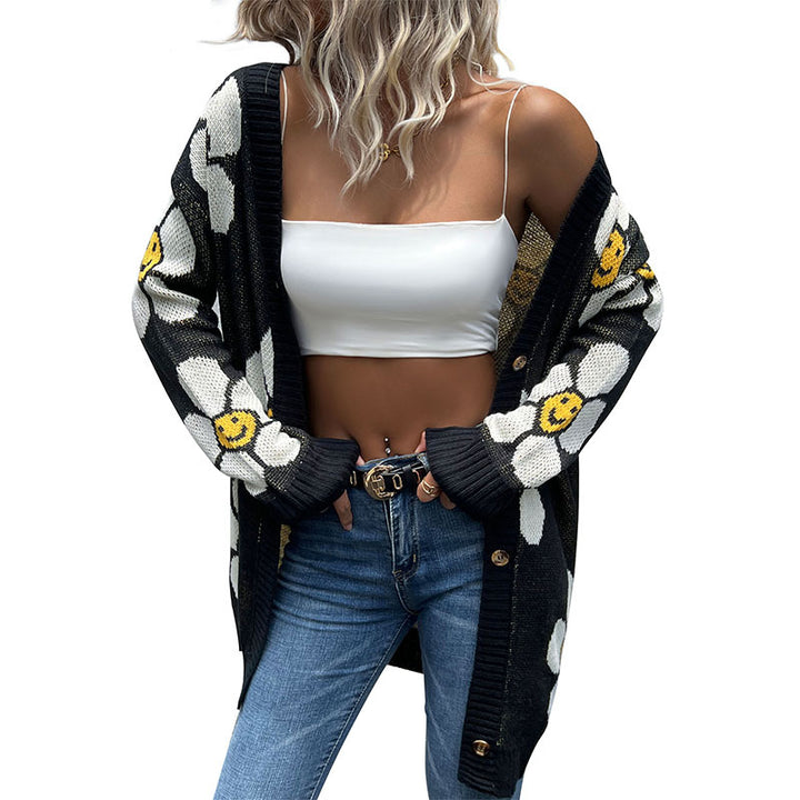 Women Casual Knit Cardigan with Floral Design Mune Fashion
