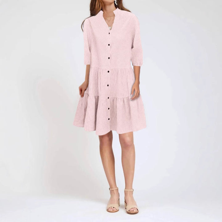 Women's Loose Tiered Shirt Dress with Standing Collar and Full Button Placket Mune Fashion