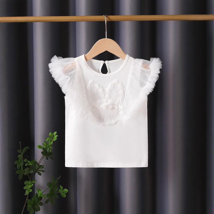 Girl T-Shirt with airy tulle sleeves and embroidered bunny motif Mune Fashion