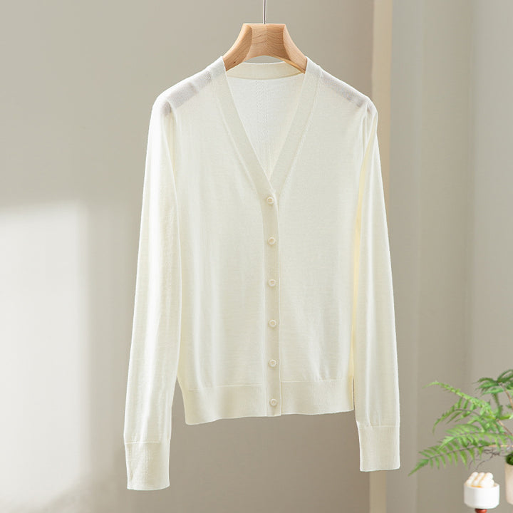Women’s Minimalist Merino Blend Cardigan with V Neck and Fine Ribbed Detailing Mune Fashion