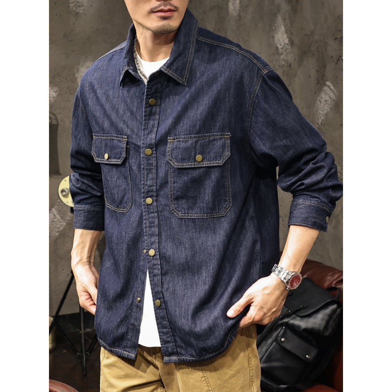 Men's Jeans Worker Shirt Jacket with Snap Button Closure and Overshirt Cut Mune Fashion
