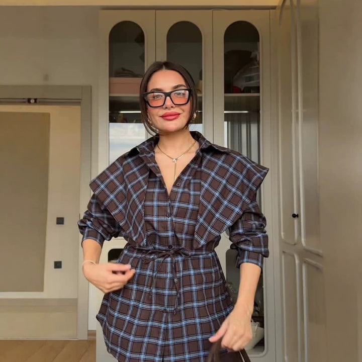 Women's Oversized Checked Shirt with Waist Belt and Extended Back Hem Mune Fashion