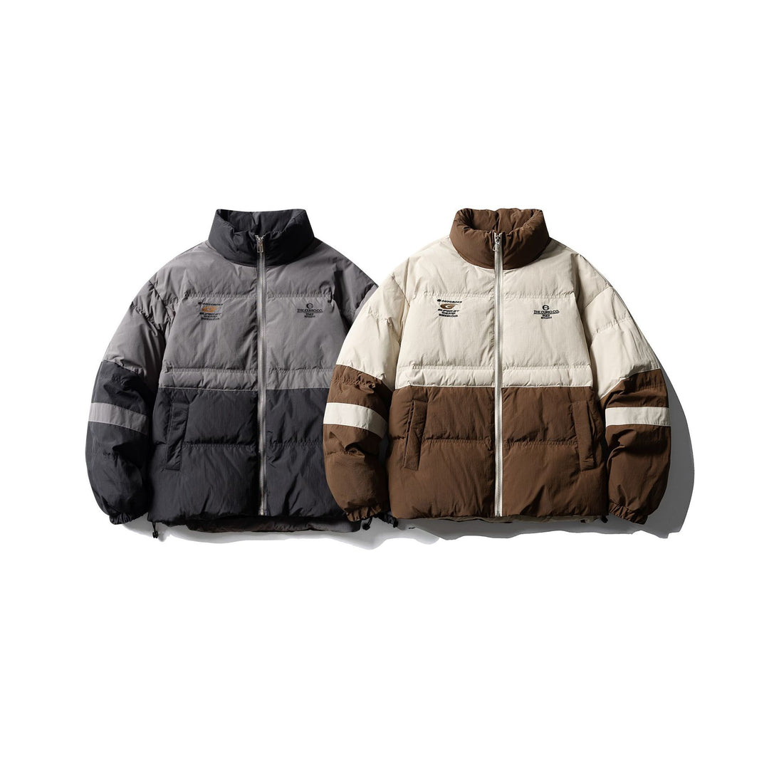 Men's color block quilted short jacket with high stand-up collar and drawstring hem