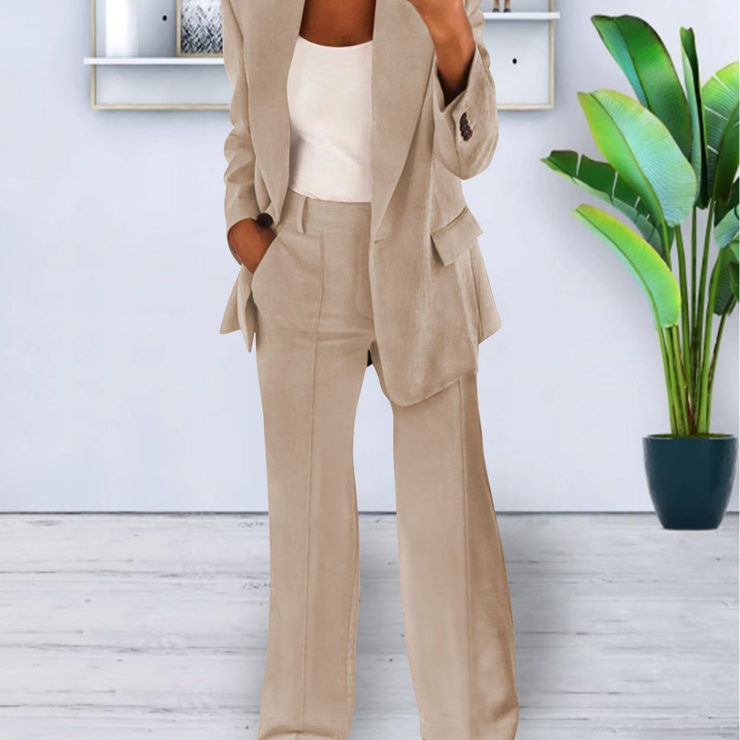 Ladies Two-Piece Business-Casual Tailoring Set with Longline Blazer and Wide Pleated Pants Mune Fashion