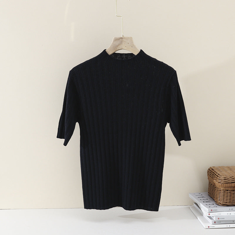 Ladies Fine Ribbed Short Sleeve Fine Knit Top with Stand Collar Mune Fashion