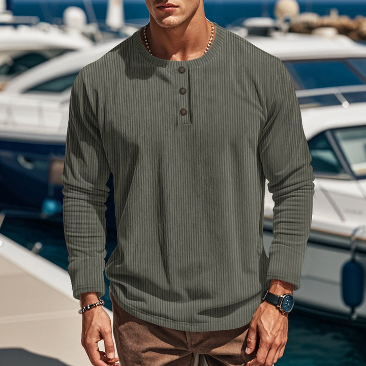 Men's ribbed long-sleeve Henley shirt with stand-up collar and concealed placket made of breathable jersey Mune Fashion