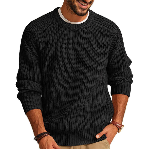 Men's Chunky Knit Pullover with Round Neck and Casual Fit Mune