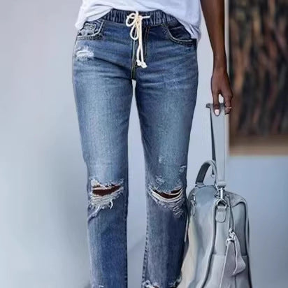 Women Cropped Denim Jeans with Drawstring Waistband, Destroyed Knee Areas and Raw Hem Mune Fashion