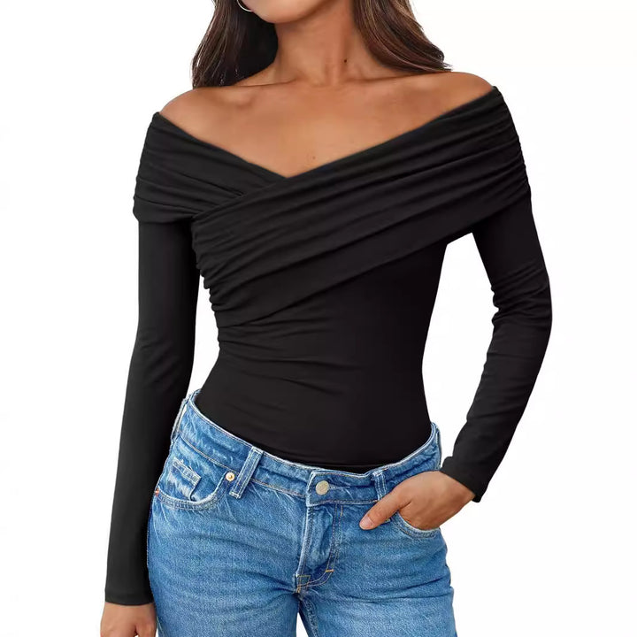 Women Off-Shoulder Long Sleeve Top with Wrap Look and Figure-Hugging Stretch Jersey