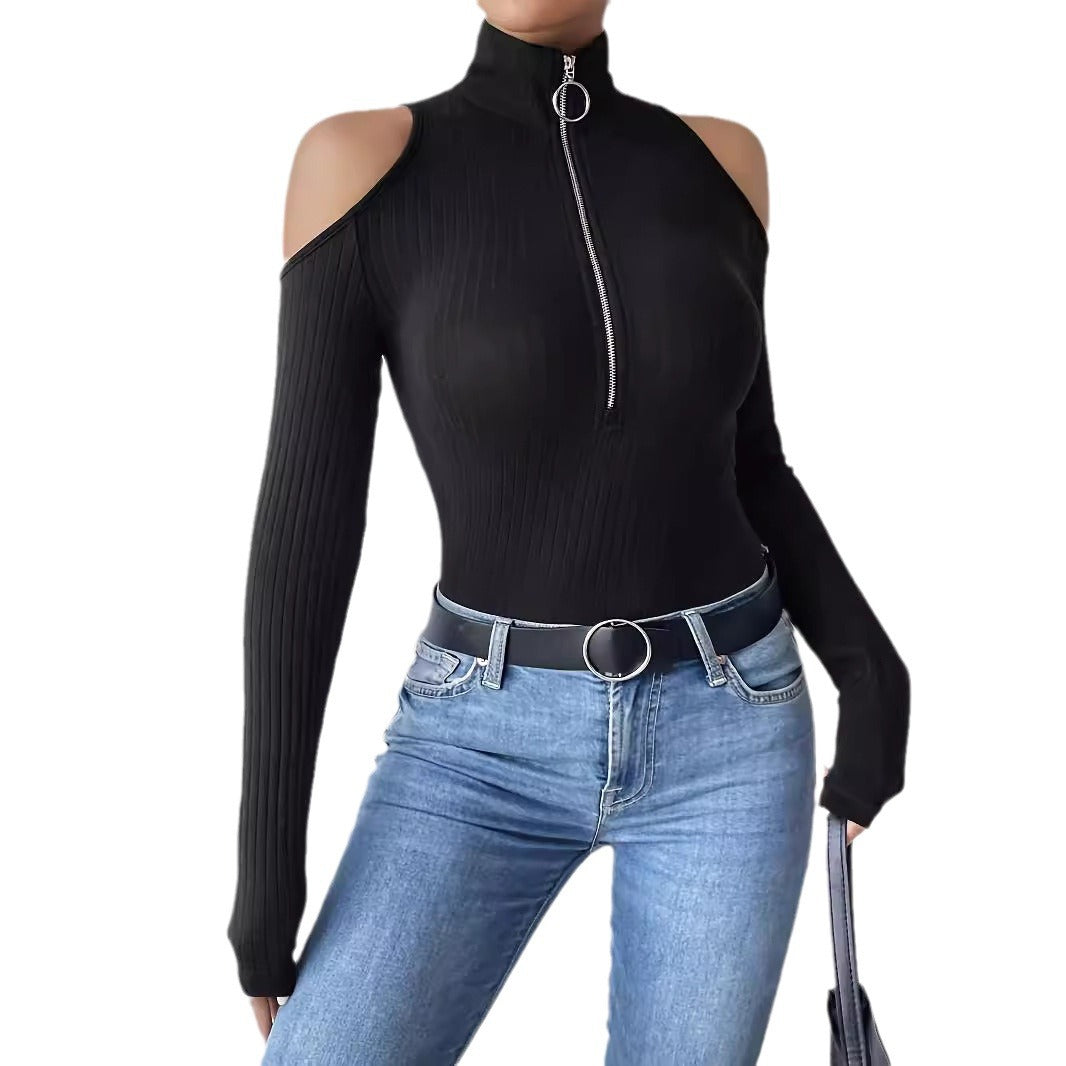 Women's tailored ribbed top with shoulder cutout, high collar, and ring zipper Mune Fashion