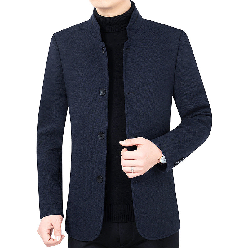 Men's modern tailored coat with stand-up collar and button placket made of wool blend Mune Fashion