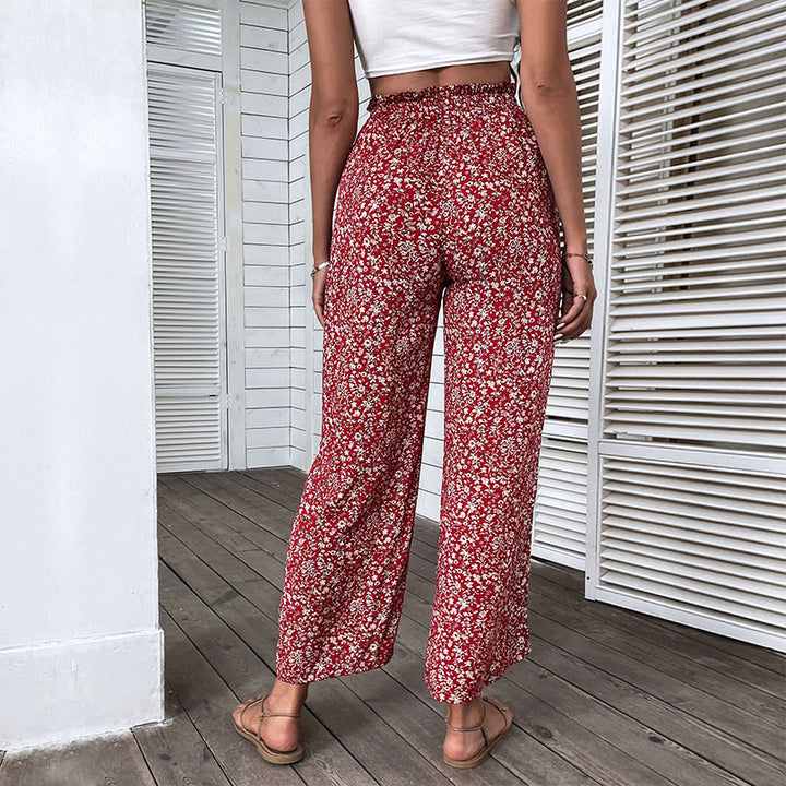 Women's wide high-cut palazzo pants with floral pattern and side leg slit Mune Fashion