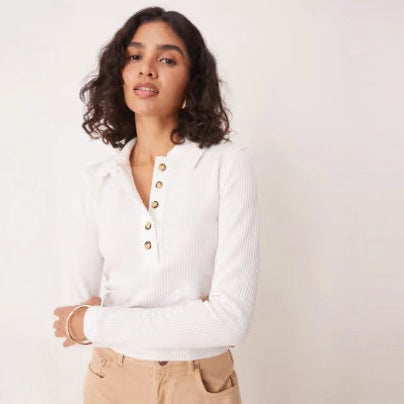 Women's Ribbed Long Sleeve Polo Top with Decorative Button Placket Drune