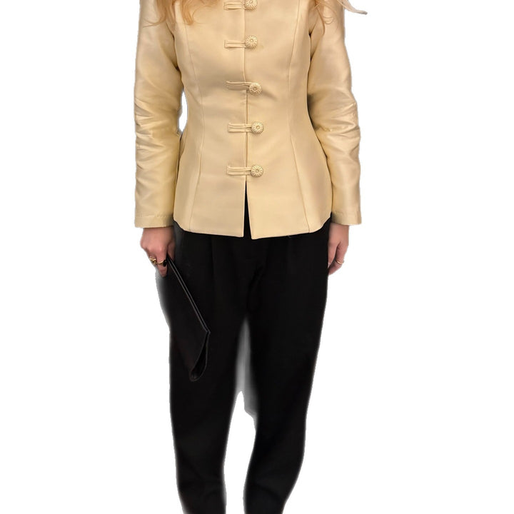 Women's Tailored Satin Blazer with Stand Collar, Decorative Cord Buttons and Peplum Mune Fashion
