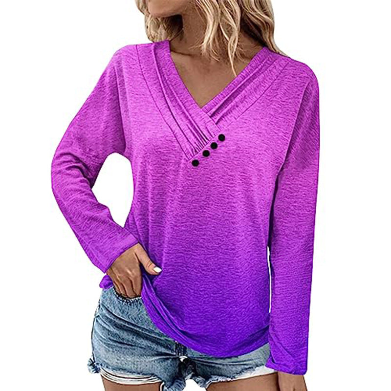 Women's Ribbed V-Neck Sweater with Gradient, Decorative Buttons and Relaxed Fit Mune Fashion