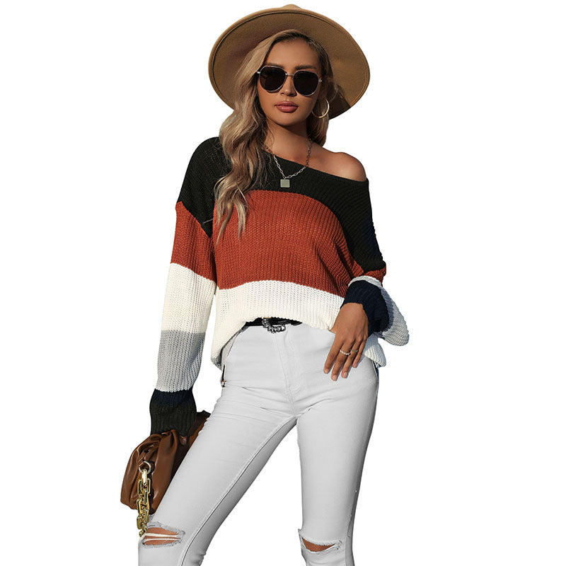 Women's Casual Knit Sweater in Modern Block Stripe Look Mune Fashion