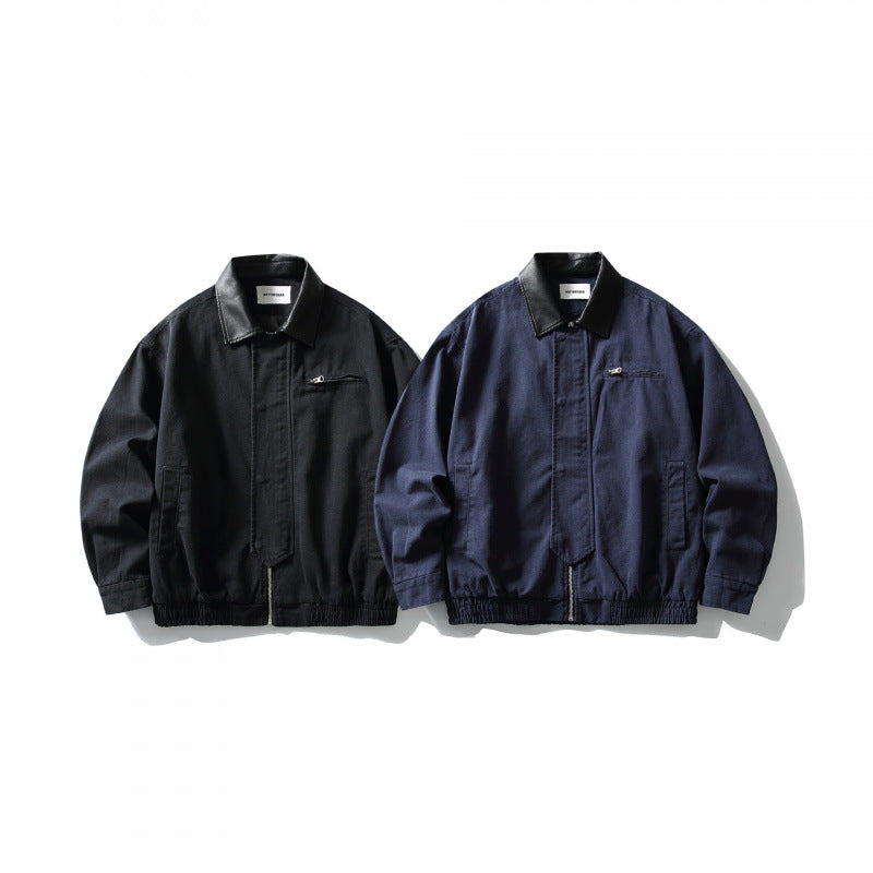 Men's Boxy Worker Jacket with Faux Leather Collar, Full-Length Zipper and Elastic Hem Mune Fashion