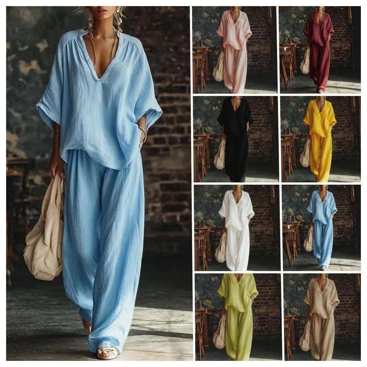 Women's casual two-piece linen-look set with deep V-neck, oversized blouse and wide palazzo pants Mune Fashion