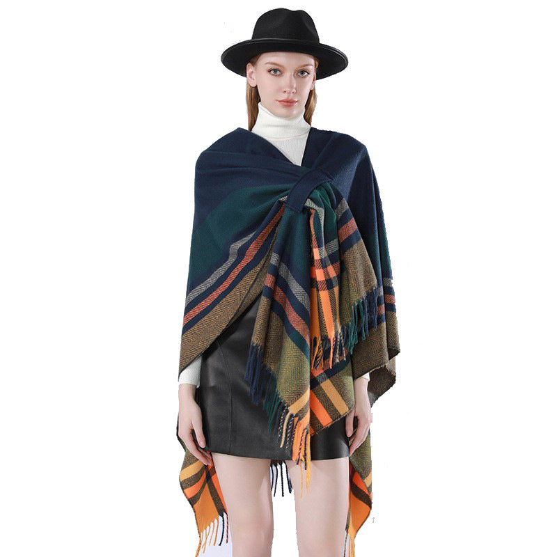 Women's Oversize Poncho Wrap with Drawstring, Check Pattern and Fringe Hem Mune Fashion